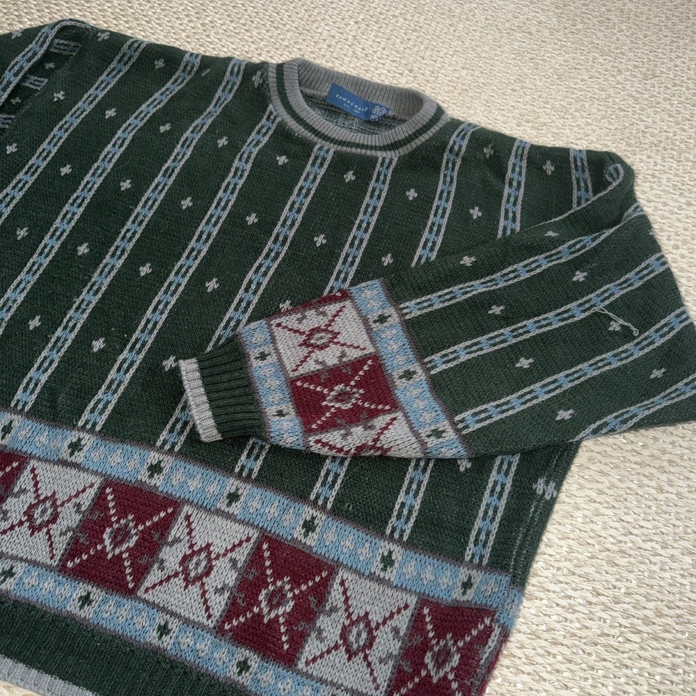 Men's‎ Vintage Towncraft Cosby Grandpa Sweater. XL Tall. Green Pattern
